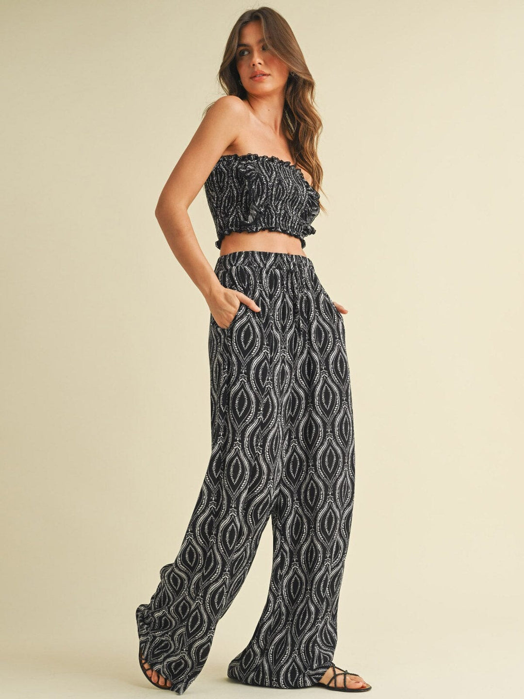WOMEN'S SMOCK CROP TOP & WIDE LEG PANTS PRINTED 2PC. SET
