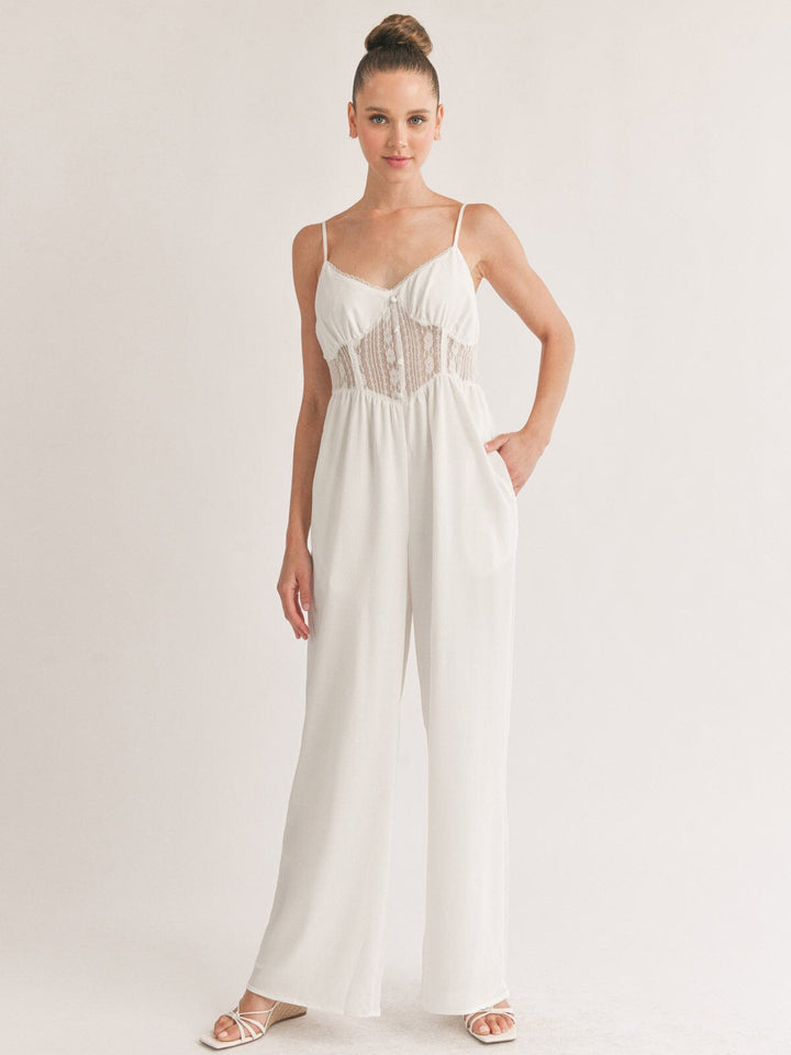 WOMEN'S SLEEVELESS POCKETS MESH DETAILED WIDE LEG JUMPSUIT
