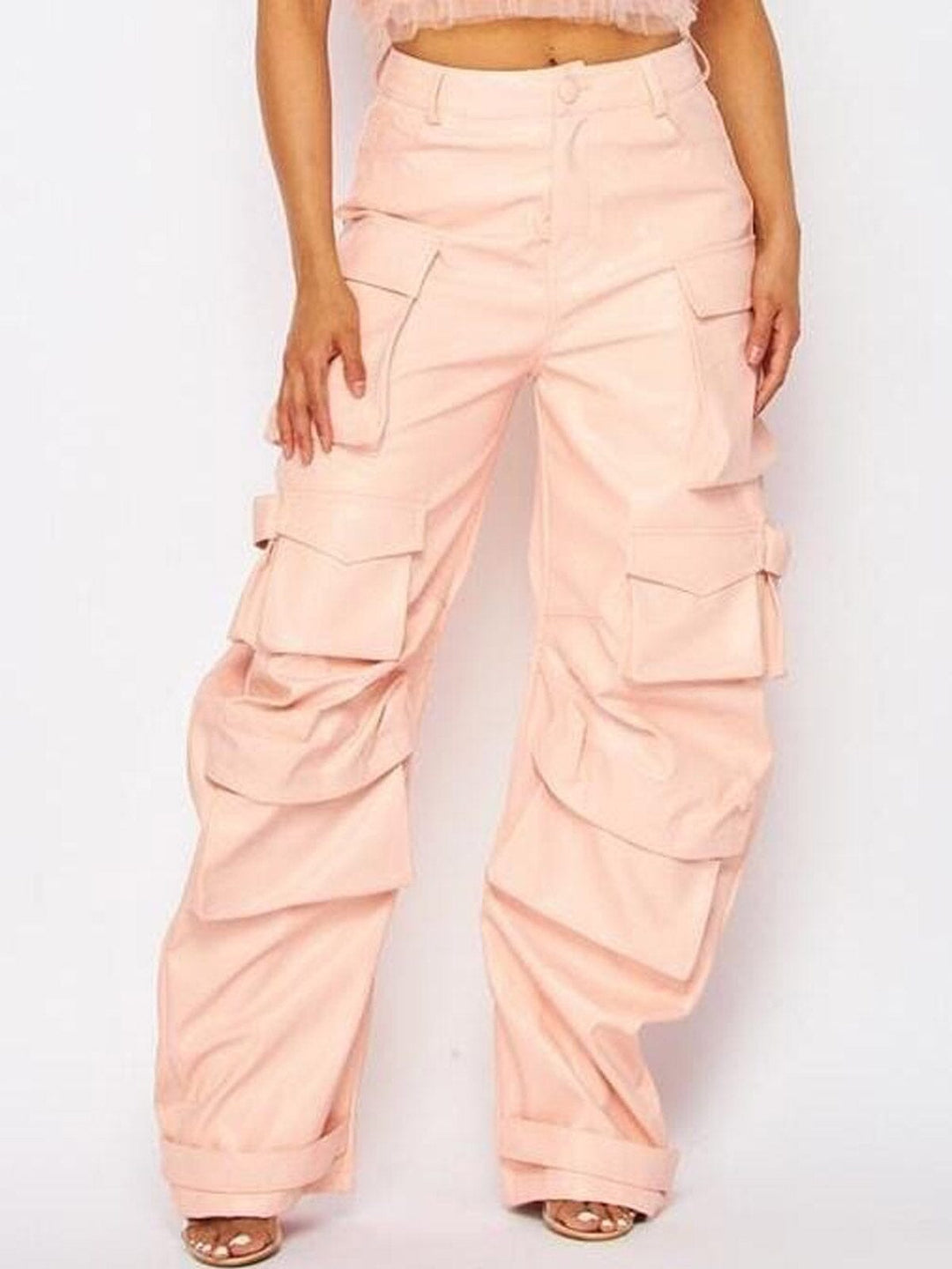 WOMEN'S BUTTON CLOSURE POCKETS PU PLEATHER PANTS