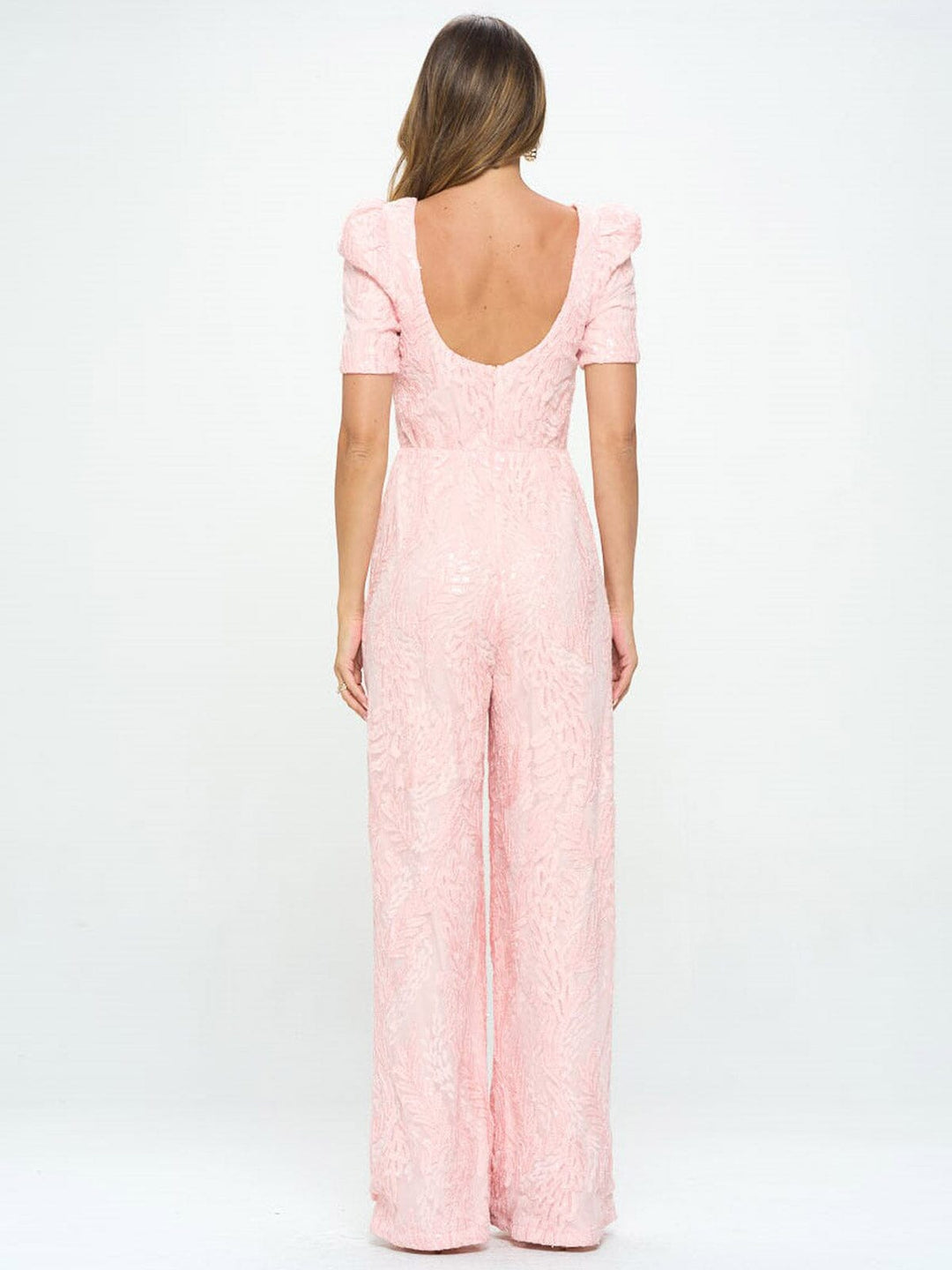 WOMEN'S SHORT SLEEVE SQUARE NECK DETAILED WIDE LEG JUMPSUIT