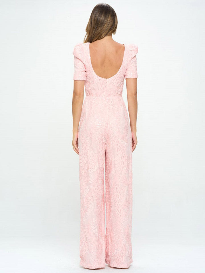 WOMEN'S SHORT SLEEVE SQUARE NECK DETAILED WIDE LEG JUMPSUIT