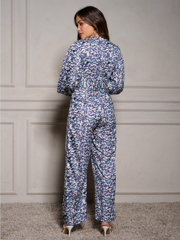 WOMEN'S LONG SLEEVE V-NECK BUTTON UP BELTED MULTI PRINT JUMPSUIT