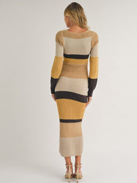 WOMEN'S LONG SLEEVE V-NECK KNIT STRIPES COLORBLOCK BODYCON MAXI DRESS