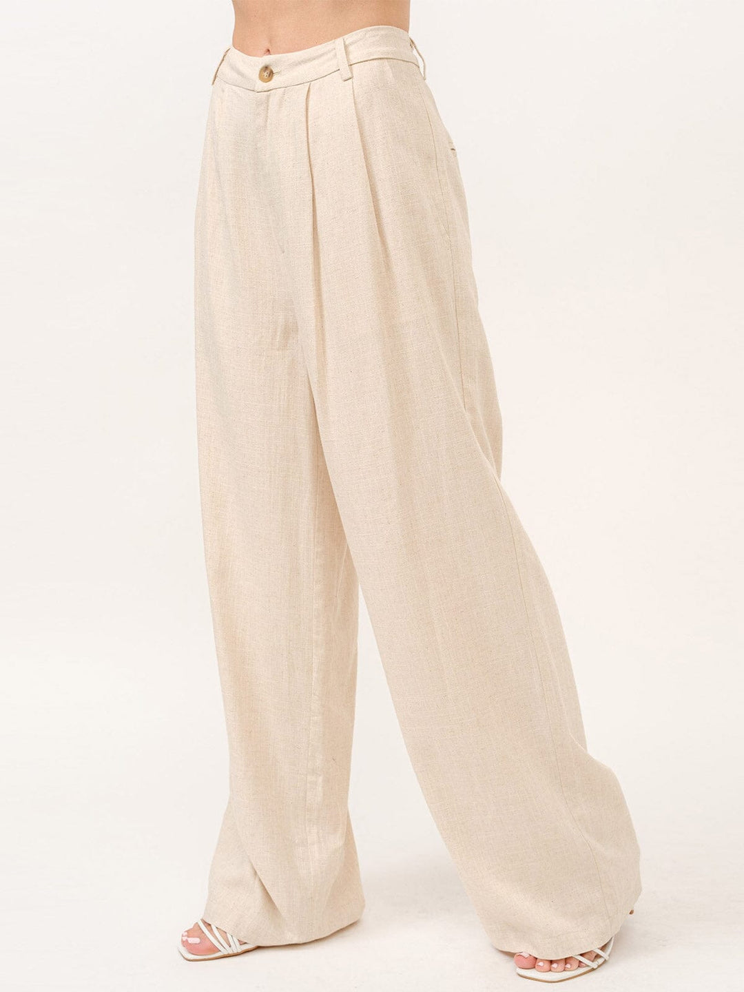 WOMEN'S BUTTON CLOSURE FRONT POCKETS WIDE LEG PANTS