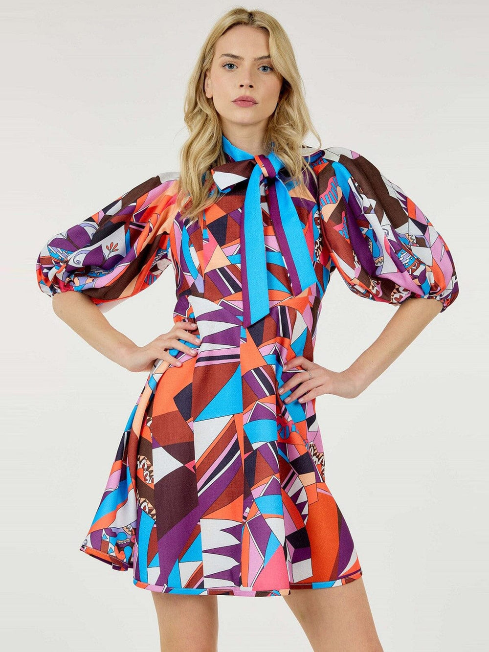 WOMEN'S SHORT PUFF SLEEVE MULTI PRINT TUNIC MINI DRESS