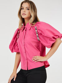 WOMEN'S SHORT PUFF SLEEVE BUTTON CLOSURE STUDS BLOUSE TOP