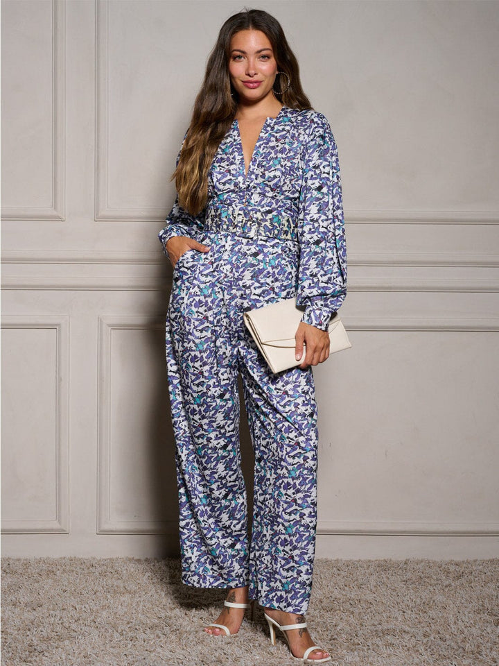 WOMEN'S LONG SLEEVE V-NECK BUTTON UP BELTED MULTI PRINT JUMPSUIT