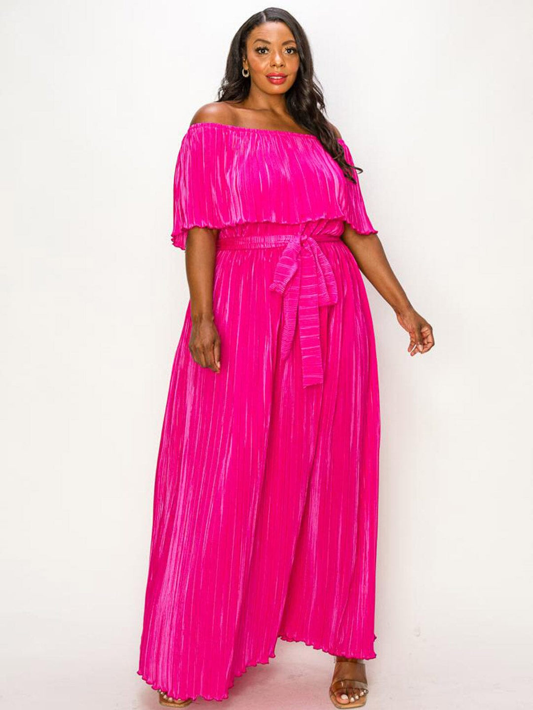 PLUS SIZE OFF SHOULDER RUFFLE SELF TIE PLEATED MAXI DRESS