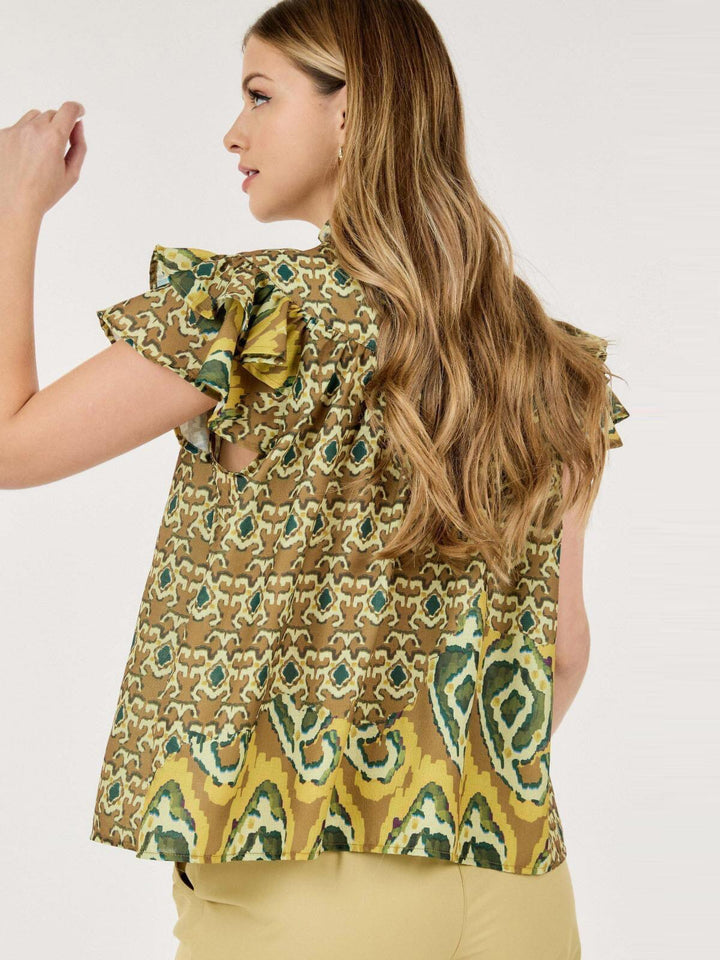 WOMEN'S SHORT RUFFLE SLEEVE BUTTON CLOSURE MULTI PRINT BLOUSE TOP