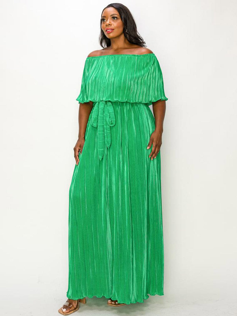 PLUS SIZE OFF SHOULDER RUFFLE SELF TIE PLEATED MAXI DRESS