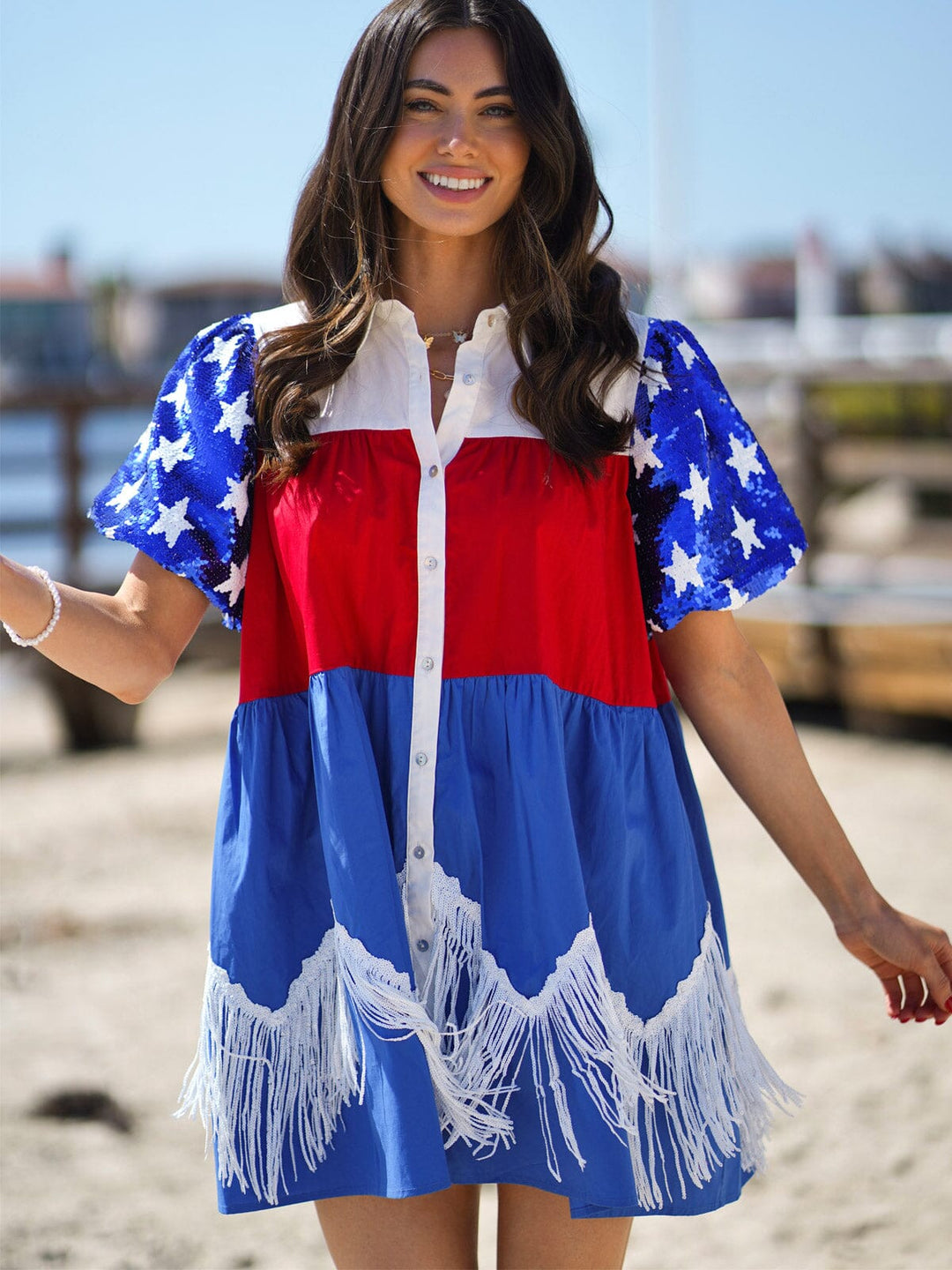 WOMEN'S SHORT SEQUINS SLEEVE FRONT POCKETS BUTTON CLOSURE COLORBLOCK PATRIOTIC MINI DRESS