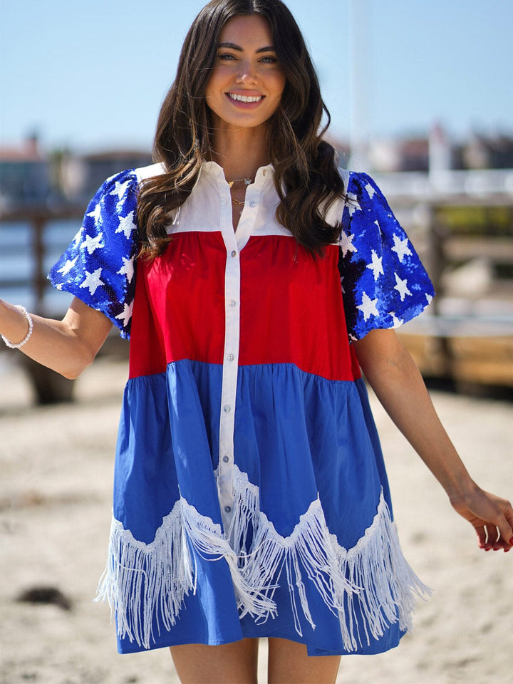 WOMEN'S SHORT SEQUINS SLEEVE FRONT POCKETS BUTTON CLOSURE COLORBLOCK PATRIOTIC MINI DRESS