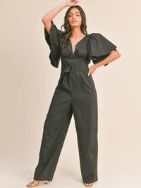 WOMEN'S SHORT PUFF SLEEVE V-NECK BELTED WIDE LEG JUMPSUIT