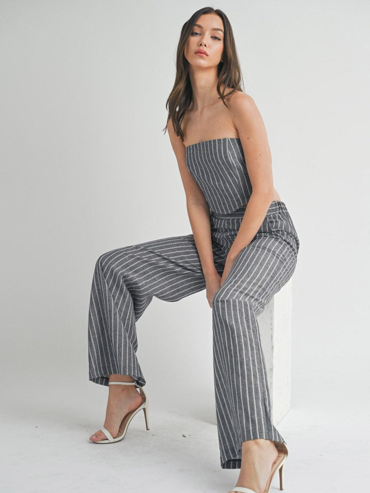 WOMEN'S SLEEVELESS SMOCK CROP TOP & WIDE LEG PANTS STRIPES 2PC. SET