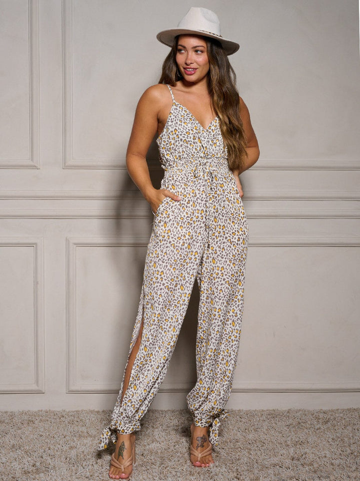 WOMEN'S SLEEVELESS V-NECK SURPLICE POCKETS ANIMAL PRINT JUMPSUIT