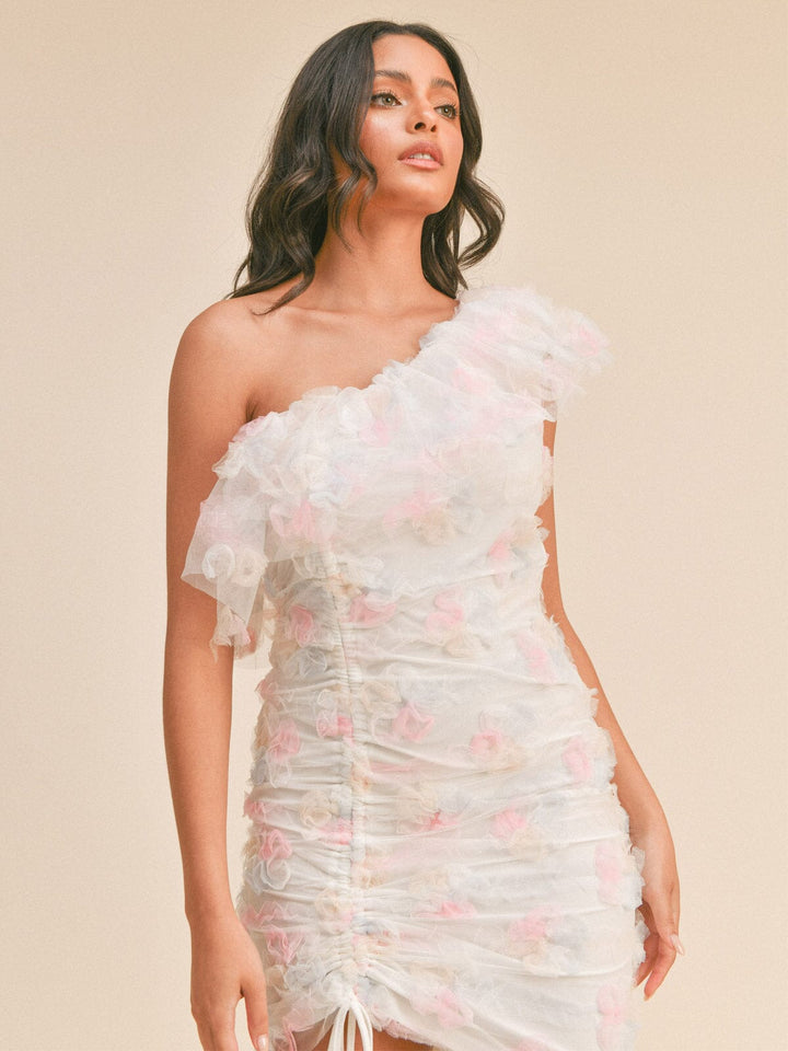 WOMEN'S ONE SHOULDER RUFFLE RUCHED DETAILED MINI DRESS