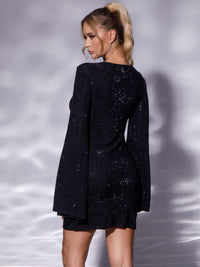WOMEN'S LONG BELL SLEEVES V-NECK BODYCON STUDS MINI DRESS