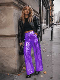 WOMEN'S BUTTON CLOSURE CARGO POCKETS METALLIC WIDE LEG PANTS