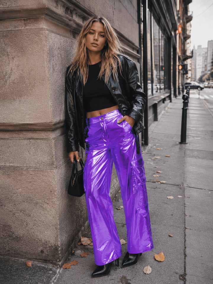 WOMEN'S BUTTON CLOSURE CARGO POCKETS METALLIC WIDE LEG PANTS