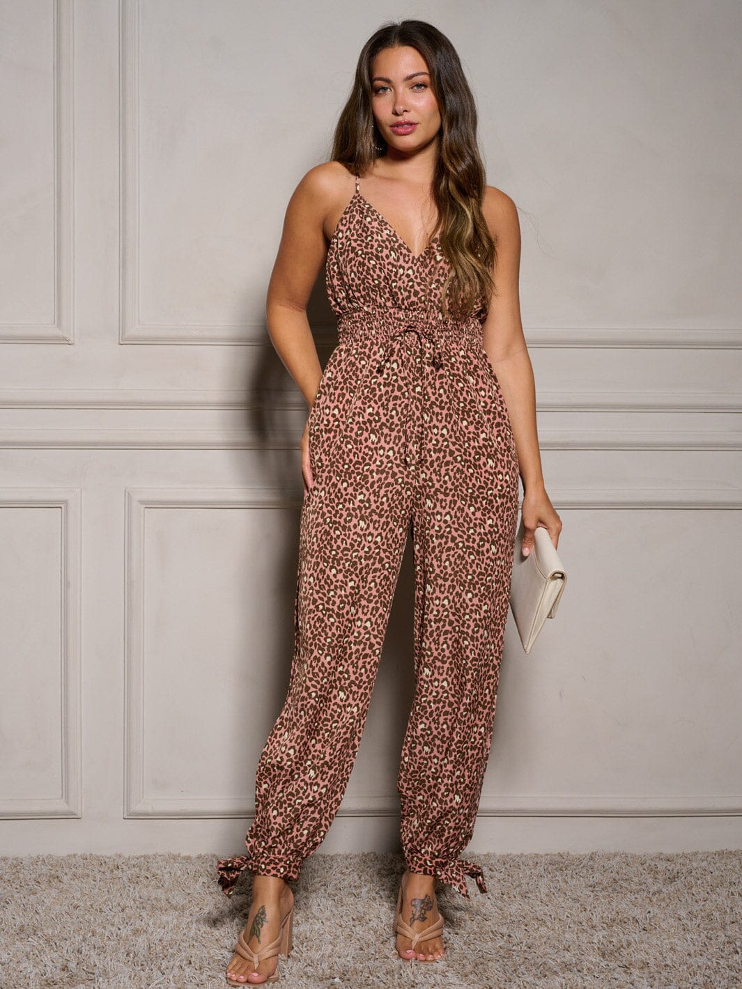 WOMEN'S SLEEVELESS V-NECK SURPLICE POCKETS ANIMAL PRINT JUMPSUIT