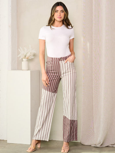 WOMEN'S BUTTON CLOSURE POCKETS STRIPES COLORBLOCK PANTS