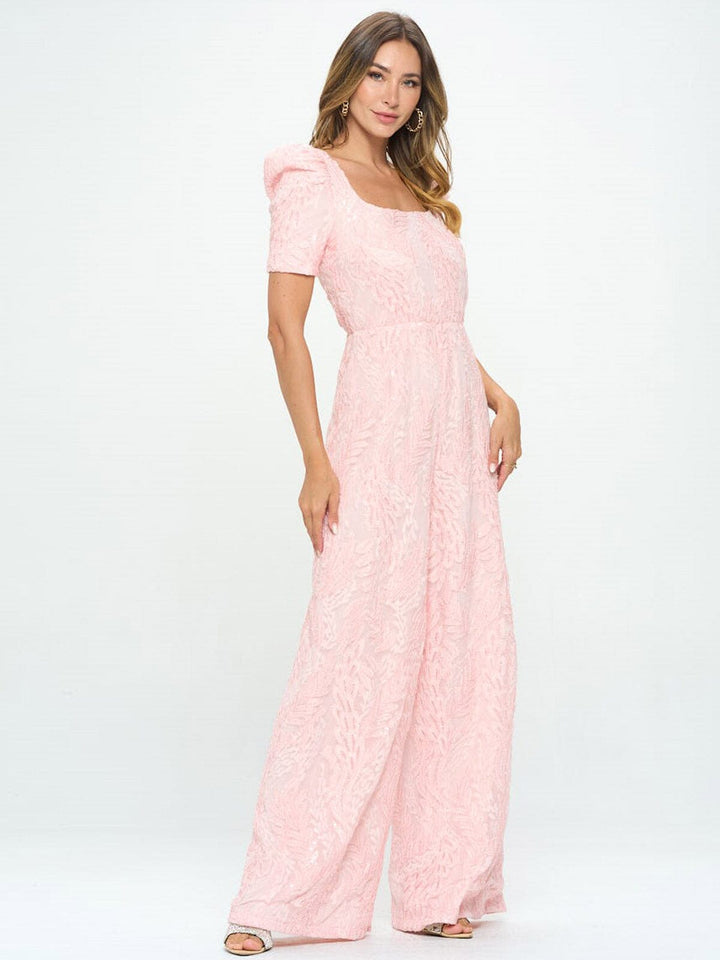 WOMEN'S SHORT SLEEVE SQUARE NECK DETAILED WIDE LEG JUMPSUIT