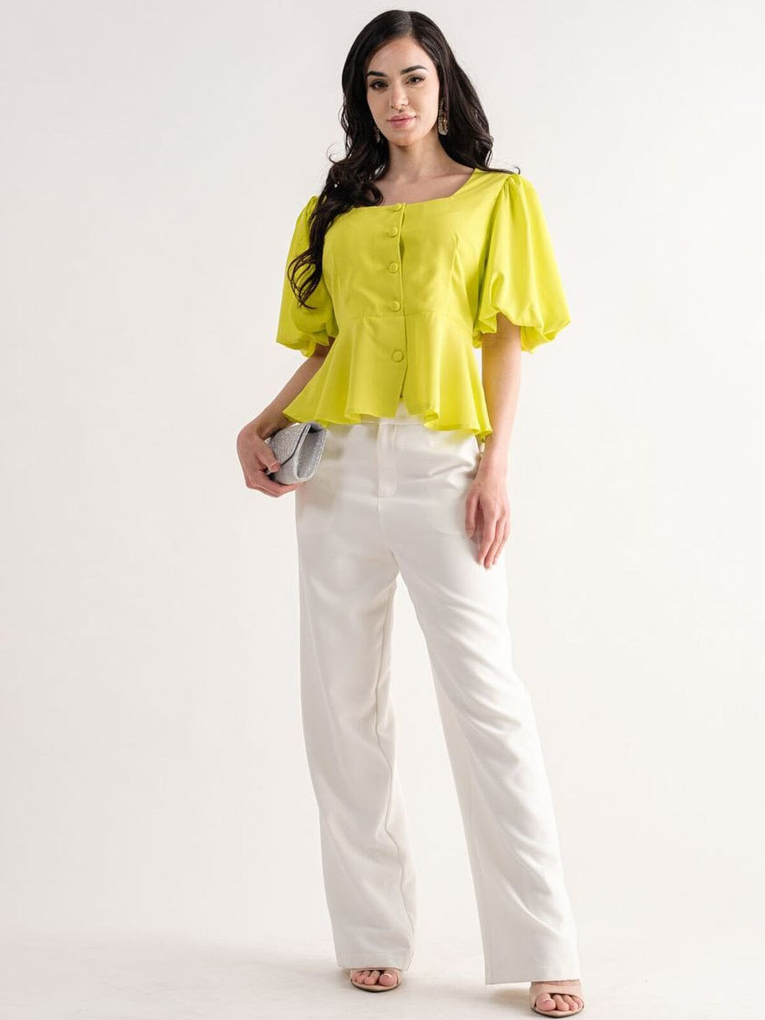 WOMEN'S SHORT PUFF SLEEVE BUTTON UP PEPLUM BLOUSE TOP