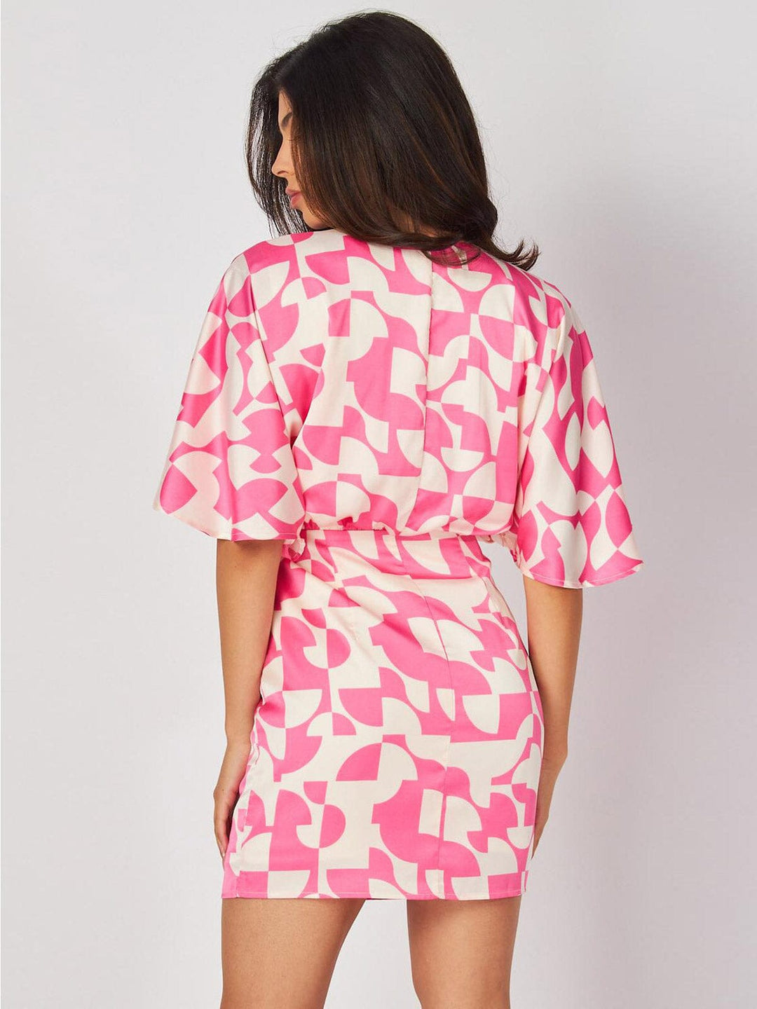 WOMEN'S SHORT SLEEVE SURPLICE MULTI PRINT MINI DRESS