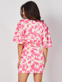 WOMEN'S SHORT SLEEVE SURPLICE MULTI PRINT MINI DRESS