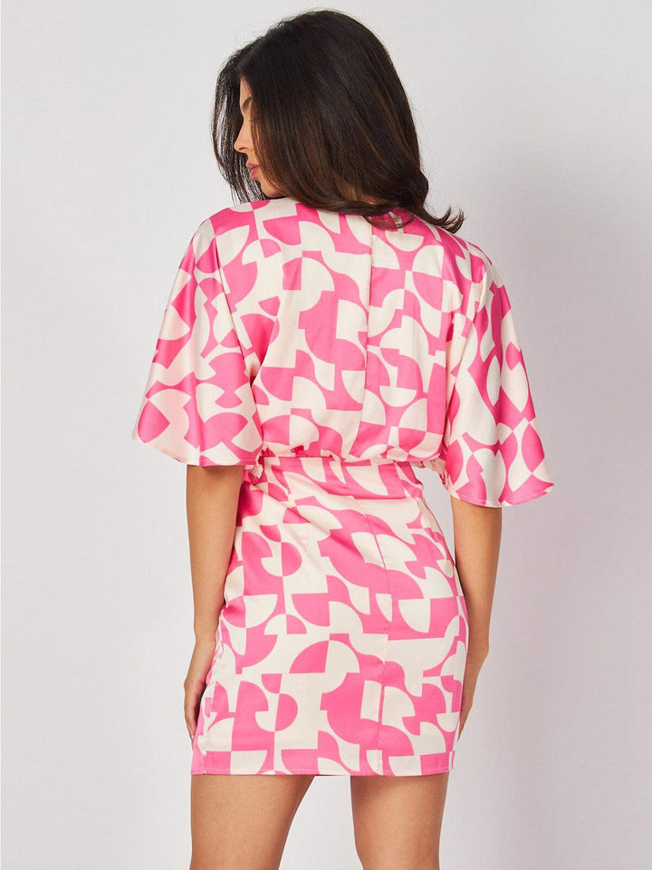 WOMEN'S SHORT SLEEVE SURPLICE MULTI PRINT MINI DRESS