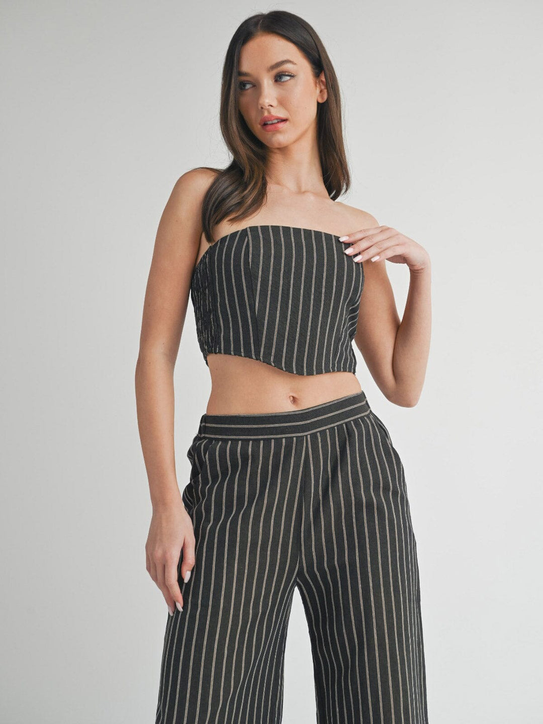 WOMEN'S SLEEVELESS SMOCK CROP TOP & WIDE LEG PANTS STRIPES 2PC. SET