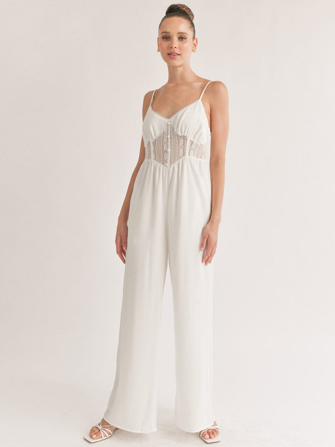WOMEN'S SLEEVELESS POCKETS MESH DETAILED WIDE LEG JUMPSUIT