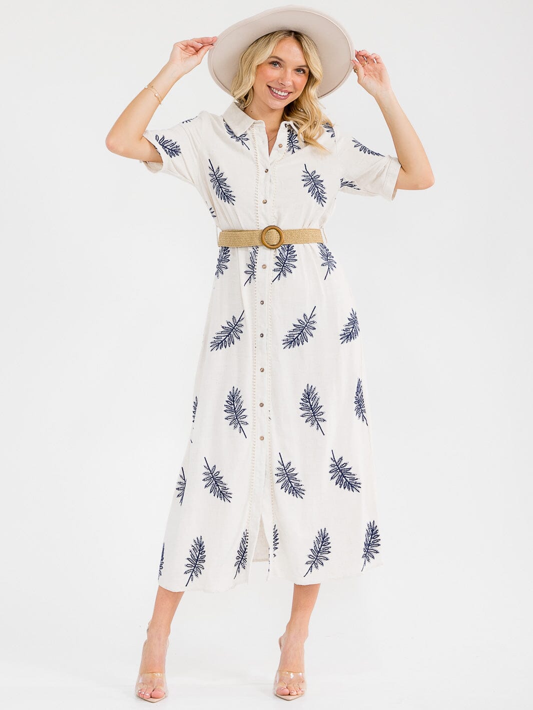 WOMEN'S SHORT SLEEVE BUTTON UP BELTED EMBROIDERY LINEN MAXI DRESS