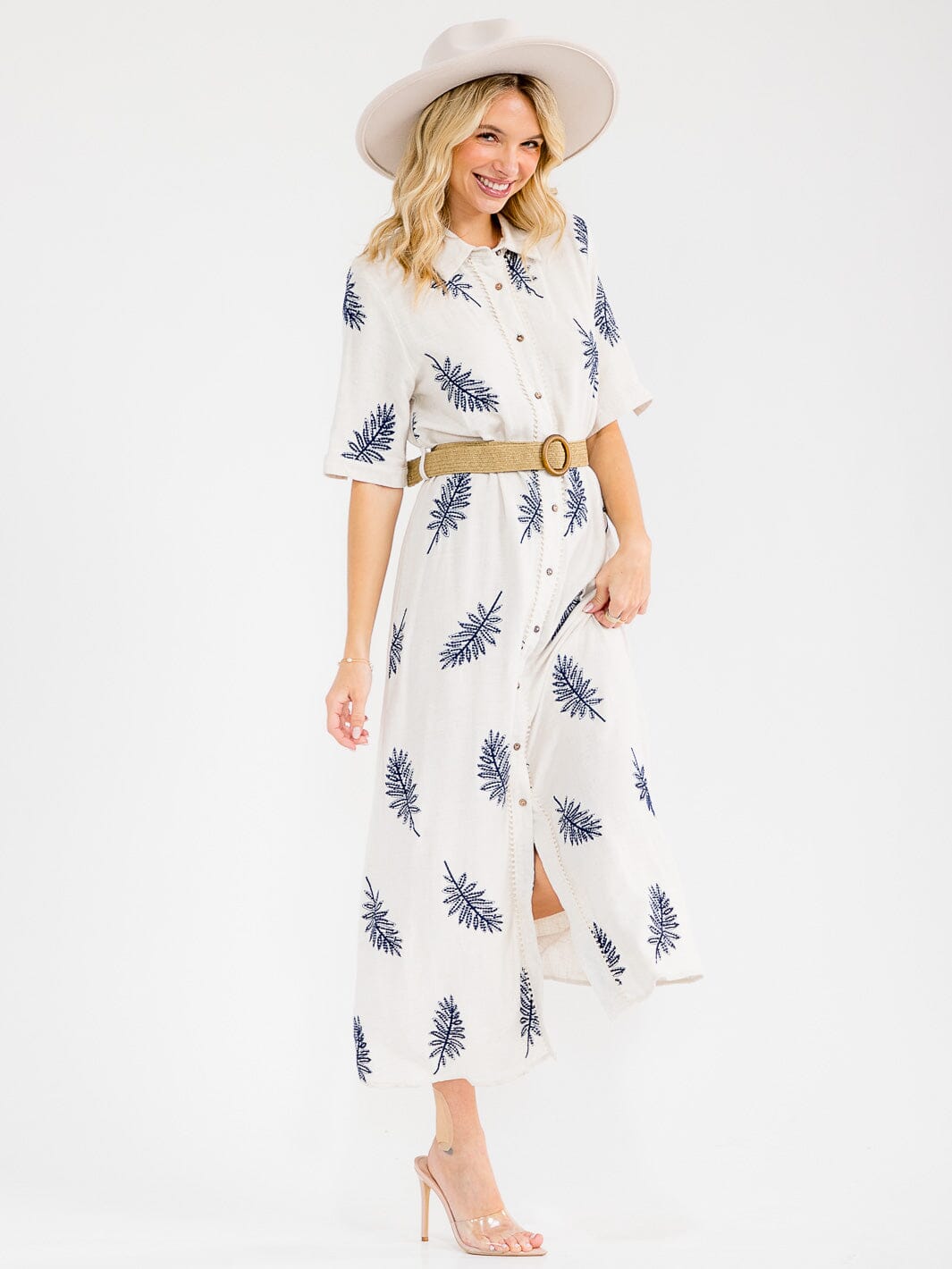 WOMEN'S SHORT SLEEVE BUTTON UP BELTED EMBROIDERY LINEN MAXI DRESS