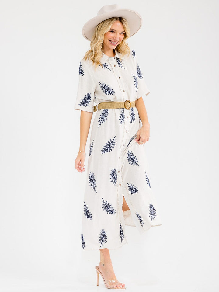 WOMEN'S SHORT SLEEVE BUTTON UP BELTED EMBROIDERY LINEN MAXI DRESS