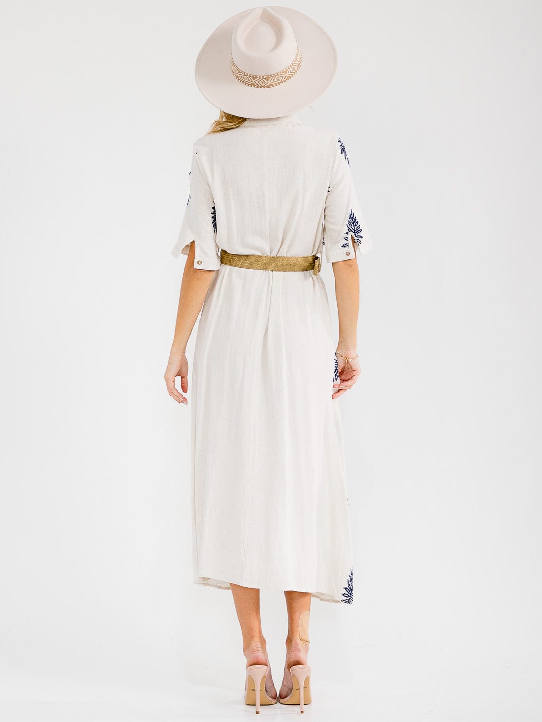 WOMEN'S SHORT SLEEVE BUTTON UP BELTED EMBROIDERY LINEN MAXI DRESS