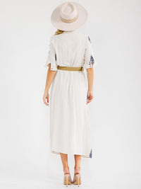 WOMEN'S SHORT SLEEVE BUTTON UP BELTED EMBROIDERY LINEN MAXI DRESS