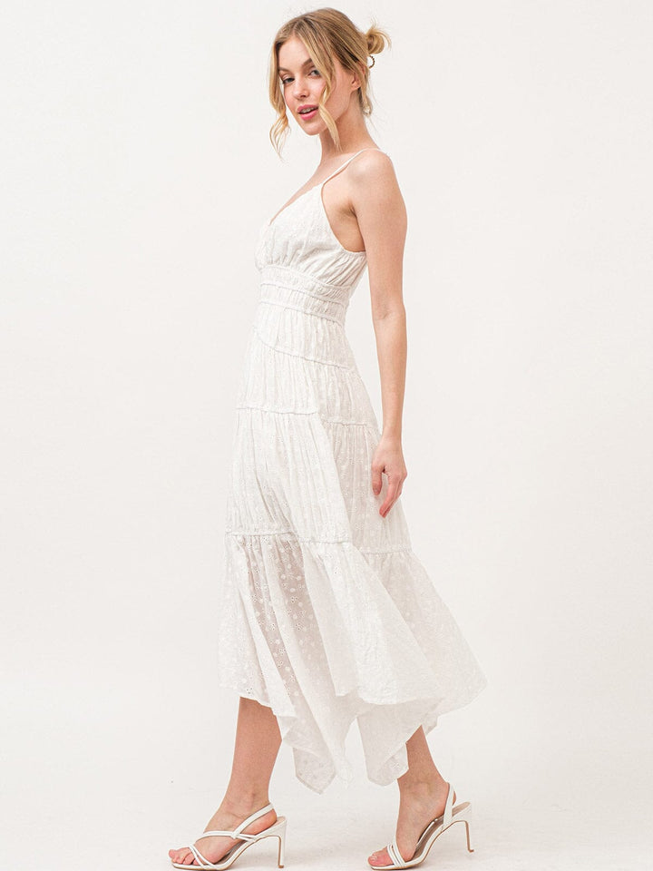 WOMEN'S SLEEVELESS V-NECK EYELET FLORAL TIERED MAXI DRESS