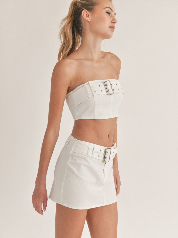 WOMEN'S SLEEVELESS CROP TOP & MINI SKIRT BELT DESIGN 2PC. SET