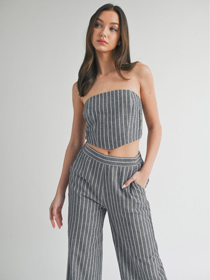 WOMEN'S SLEEVELESS SMOCK CROP TOP & WIDE LEG PANTS STRIPES 2PC. SET
