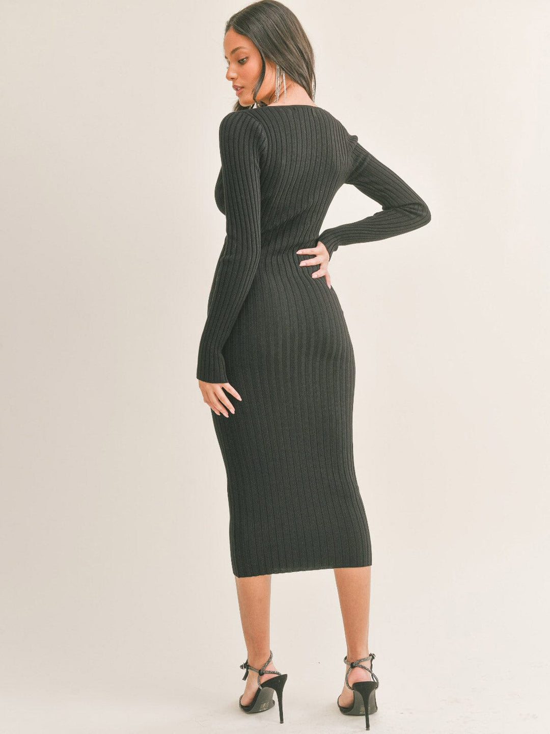 long sleeve dress with bralette Chocolate Ribbed Knit Plunge Neck Long Sleeve Midi Dress + Bralette