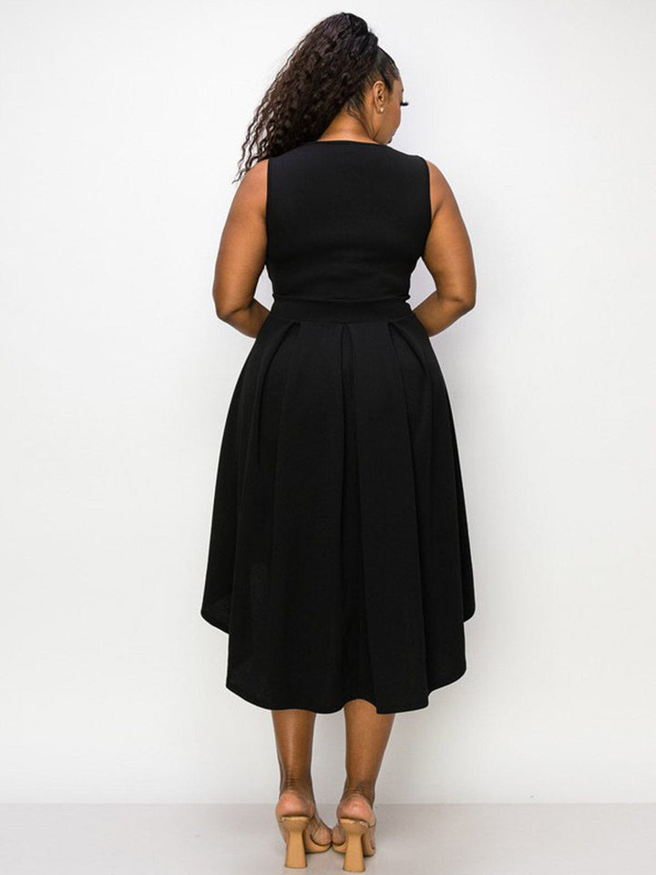 PLUS SIZE SLEEVELESS V-NECK HIGH-LOW MIDI DRESS