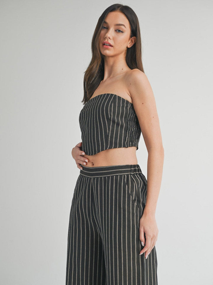 WOMEN'S SLEEVELESS SMOCK CROP TOP & WIDE LEG PANTS STRIPES 2PC. SET