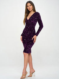 WOMEN'S LONG SLEEVE V-NECK BODYCON SEQUINS MIDI DRESS