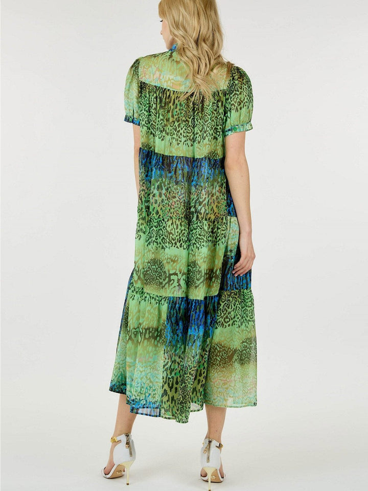 WOMEN'S SHORT SLEEVE BUTTON UP TIERED MULTI ANIMAL PRINT MAXI DRESS