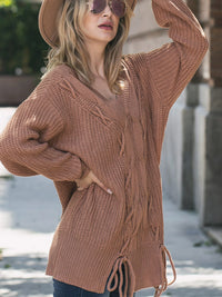 WOMEN'S LONG SLEEVE V-NECK CABLE KNIT PULLOVER SWEATER