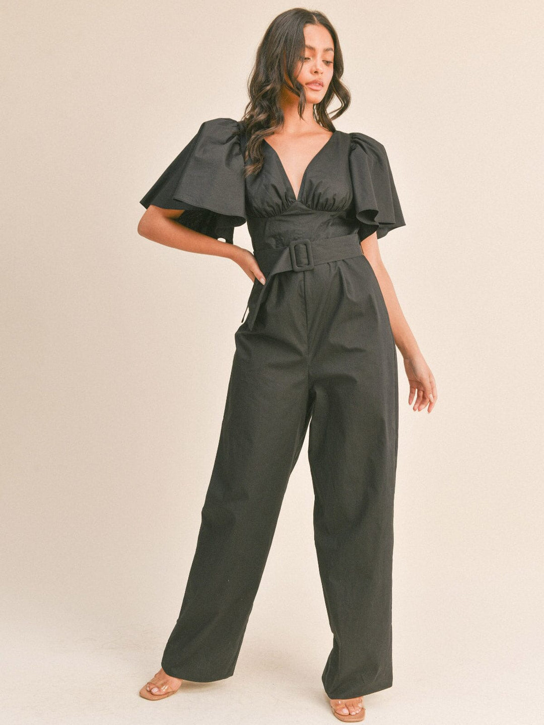 WOMEN'S SHORT PUFF SLEEVE V-NECK BELTED WIDE LEG JUMPSUIT