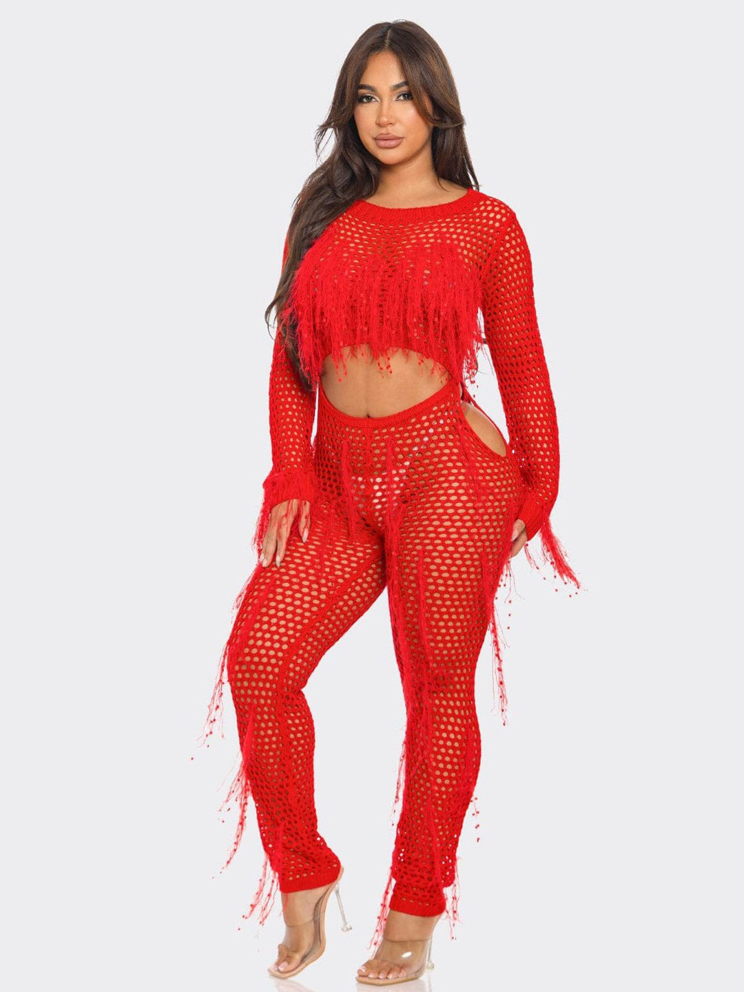 WOMEN'S LONG SLEEVE CUT OUT FRINGE MESH KNIT JUMPSUIT