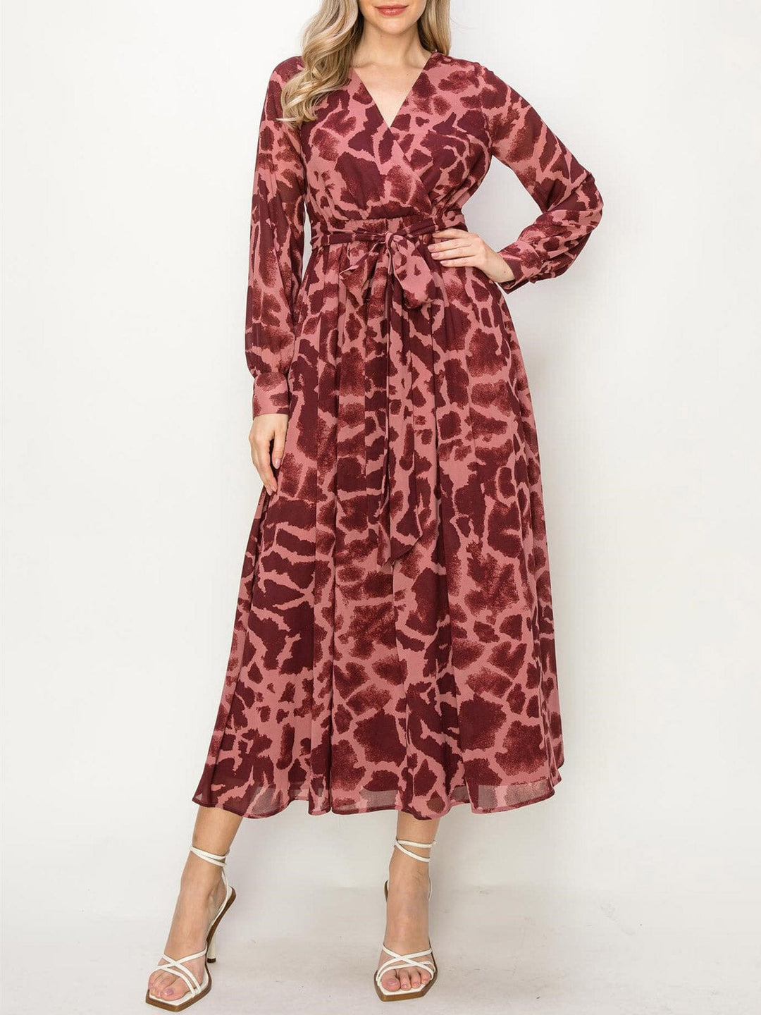 WOMEN'S LONG SLEEVE ANIMAL PRINT SURPLICE MAXI DRESS