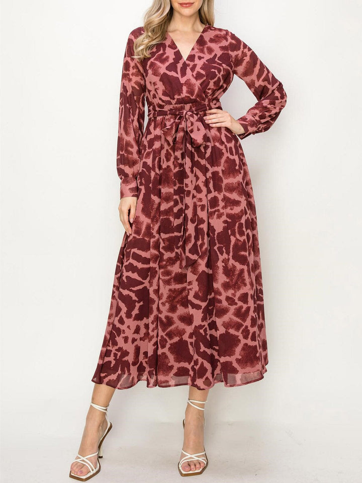 WOMEN'S LONG SLEEVE ANIMAL PRINT SURPLICE MAXI DRESS